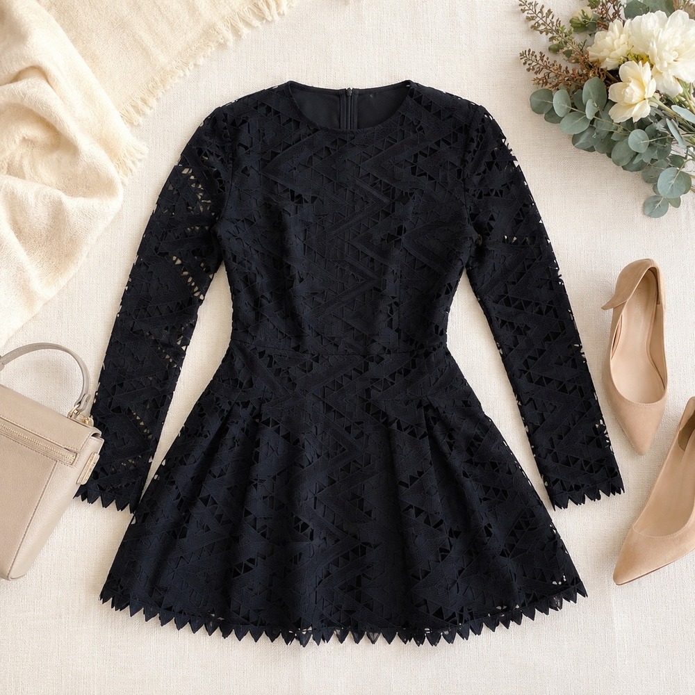 ST. STUDIO Fit & Flare Dress Womens 36 Black Lace Mix 3D Long Sleeve Cocktail